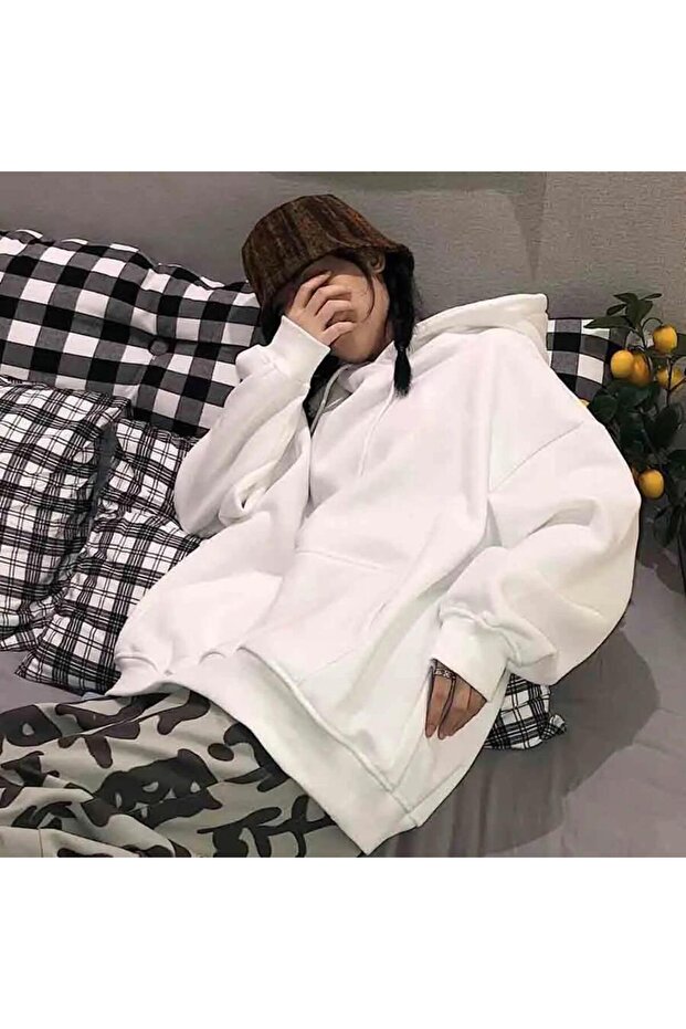 سويت شيرت أبيض بغطاء للرأس مقاس كبير للجنسين - M F Basic Sweatshirt