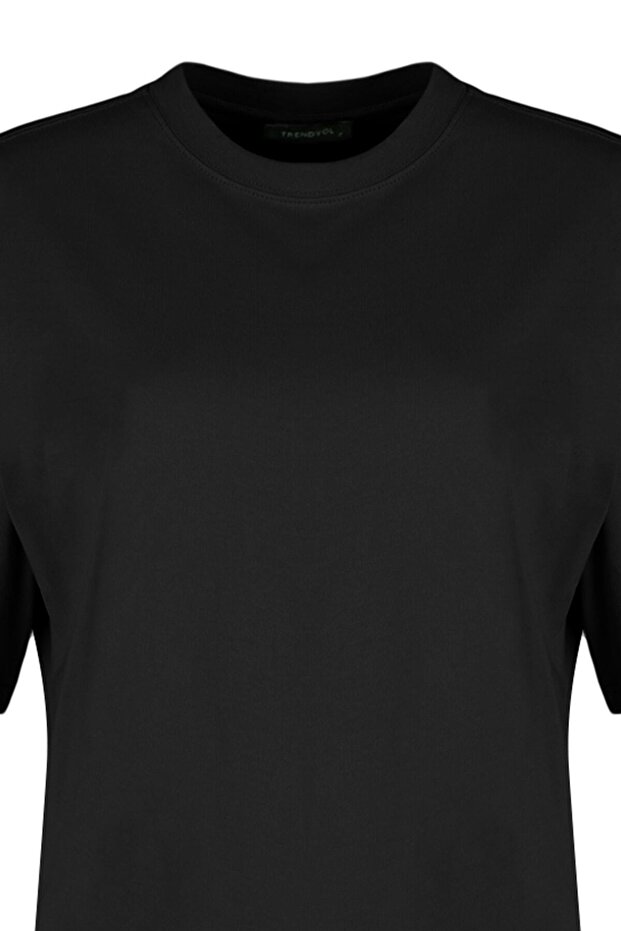 Siyah %100 Kalın Pamuklu Oversize/Geniş Kalıp Bisiklet Yaka Örme T-Shirt TWOSS23TS00040 - 22