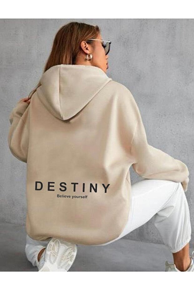 سويت شيرت نسائي بغطاء للرأس من 3 خيوط مطبوع عليه Destini باللون البيج