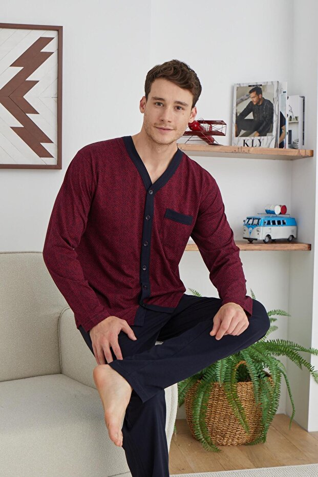 KLY 9255 V-neck Neck Buttoned Shirt Pajamas Set
