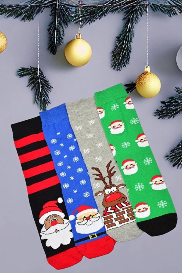 Women's 4 Pairs of New Year's Patterned Combed Cotton Socks