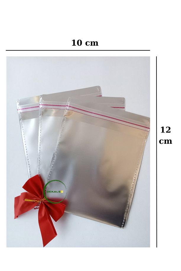 50 Adet Bantlı Küçük Boy Gümüş Konsept Hediyelik Poşet 10X12 - 1