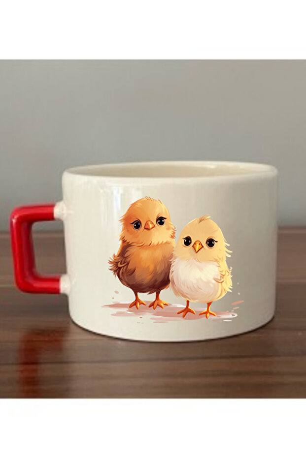 Chick Printed Cup with Red Handle Ceramic Mug - Ceramic Tea, Coffee Gift Cup