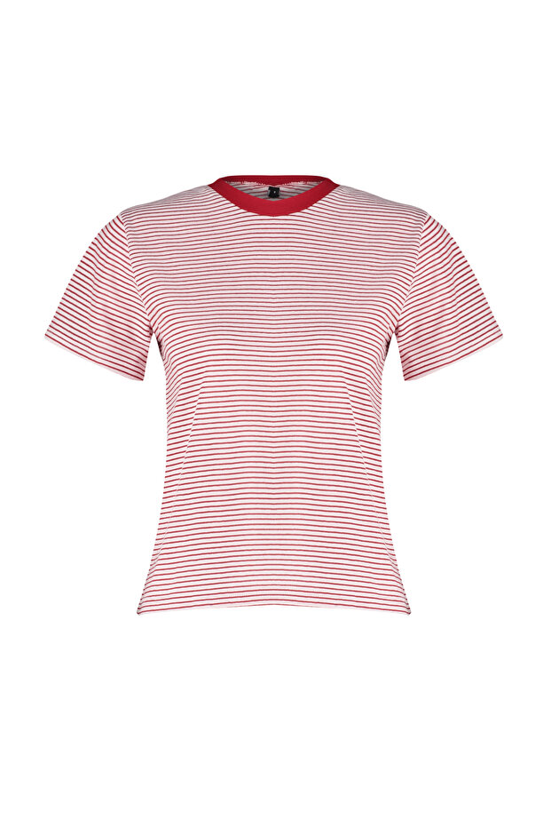 Kırmızı Ekru Çizgili Kalın Pamuklu Basic Regular/Normal Kalıp Örme T-Shirt TWOSS23TS00043 - 7