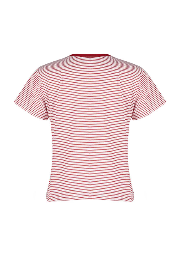 Kırmızı Ekru Çizgili Kalın Pamuklu Basic Regular/Normal Kalıp Örme T-Shirt TWOSS23TS00043 - 8