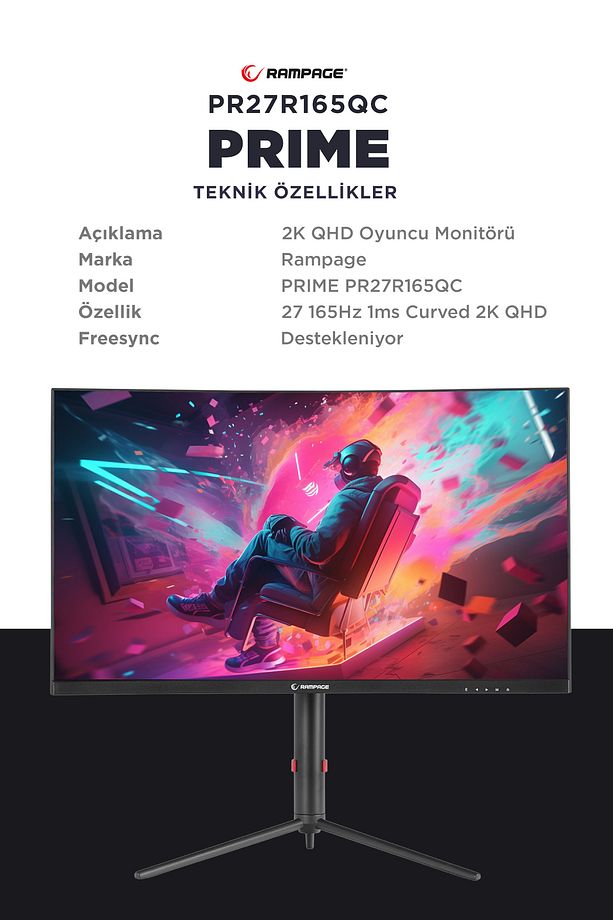 PRIME PR27R165QC 27 165Hz 1ms CSOT VA QHD 2K Freesync RGB Pivot PC Curved Oyuncu Monitörü - 8
