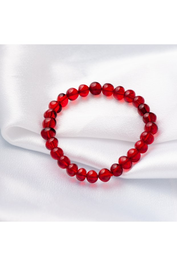 Red Loose-Cut Drop Amber Bracelet with Stretchy Fishing Line, Suitable for Teens and Adults, Certified.