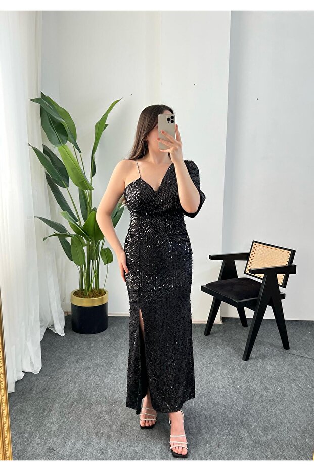 siyah pullu tek kol elbise - 1