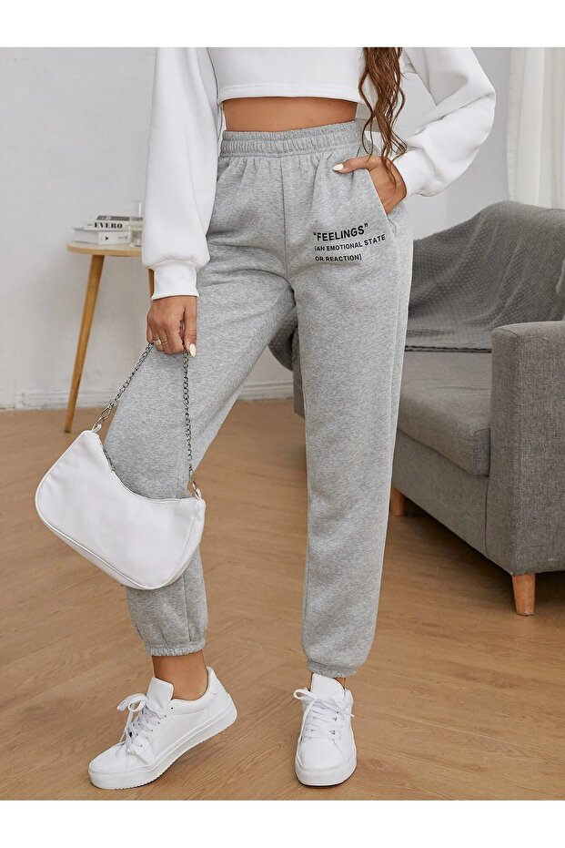 Sweatpants Jogger - Gray Printed High Waist Rubber Leg