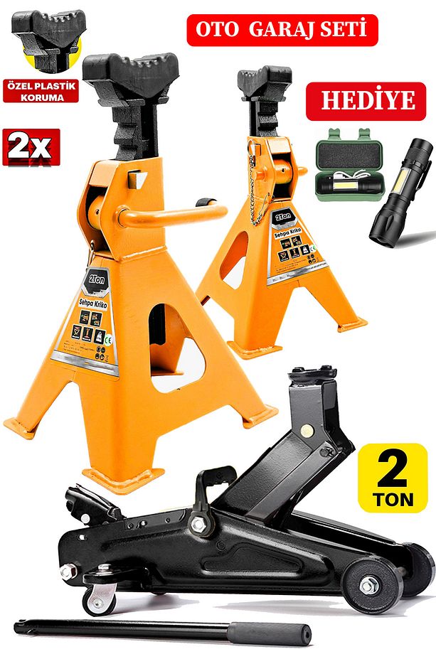 2 Ton x2Adet Set Sehpa Tip Kriko Standı + 2 Ton/2000Kg Tekerlekli Arabalı Kriko El Fenerli Garaj Set - 1