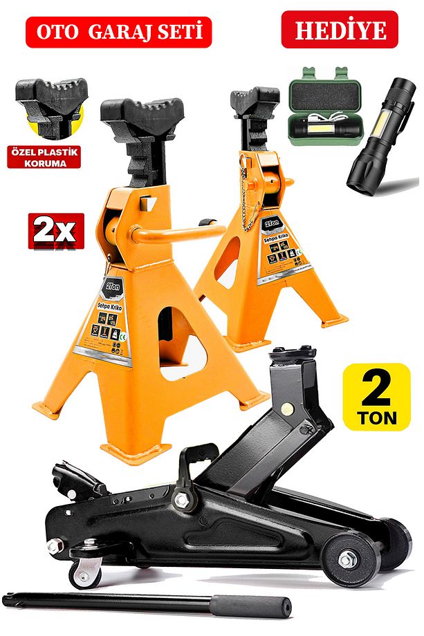 2 Ton x2Adet Set Sehpa Tip Kriko Standı + 2 Ton/2000Kg Tekerlekli Arabalı Kriko El Fenerli Garaj Set - 4