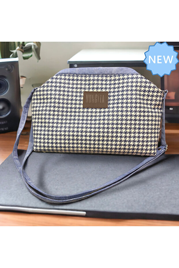 Hidden Scholarship Clutch Hand / Shoulder Bag Light Blue with Houndstooth Pattern