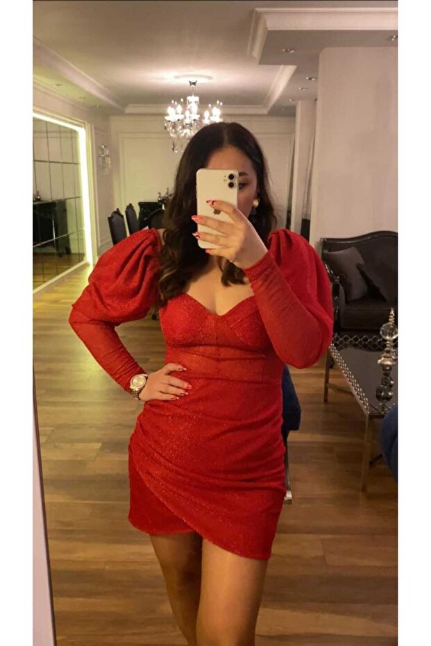 Eteği drapeli simli kırmızı elbise - 1