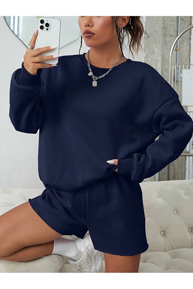 Navy Blue Crew Neck Basic Oversize Sweatshirt - 1