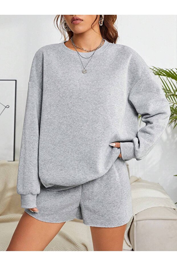 سترة رمادية اللون أساسية ذات حجم كبير - 5