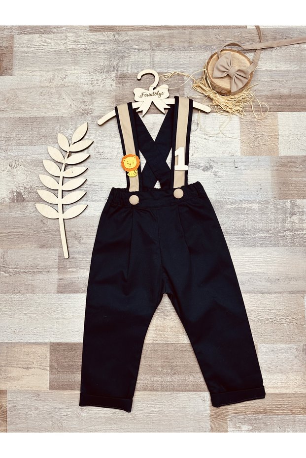 Navy blue camel Safari concept baby boy salopette bow tie set