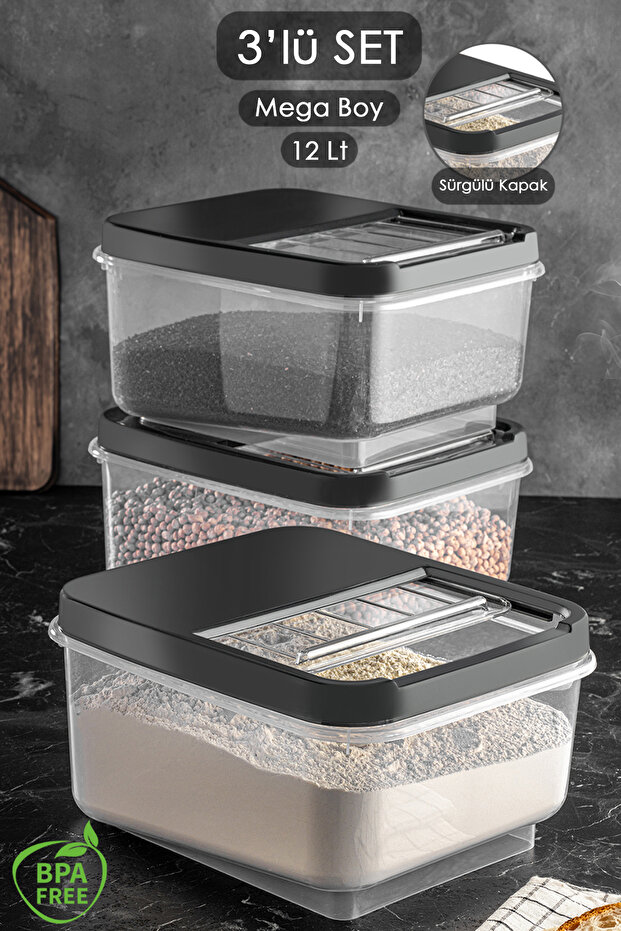 3 Pieces 12 Lt Mega Size Multi-Purpose Storage Box - Food Storage Container with Sliding Lid Flour Container Anthracite - 1