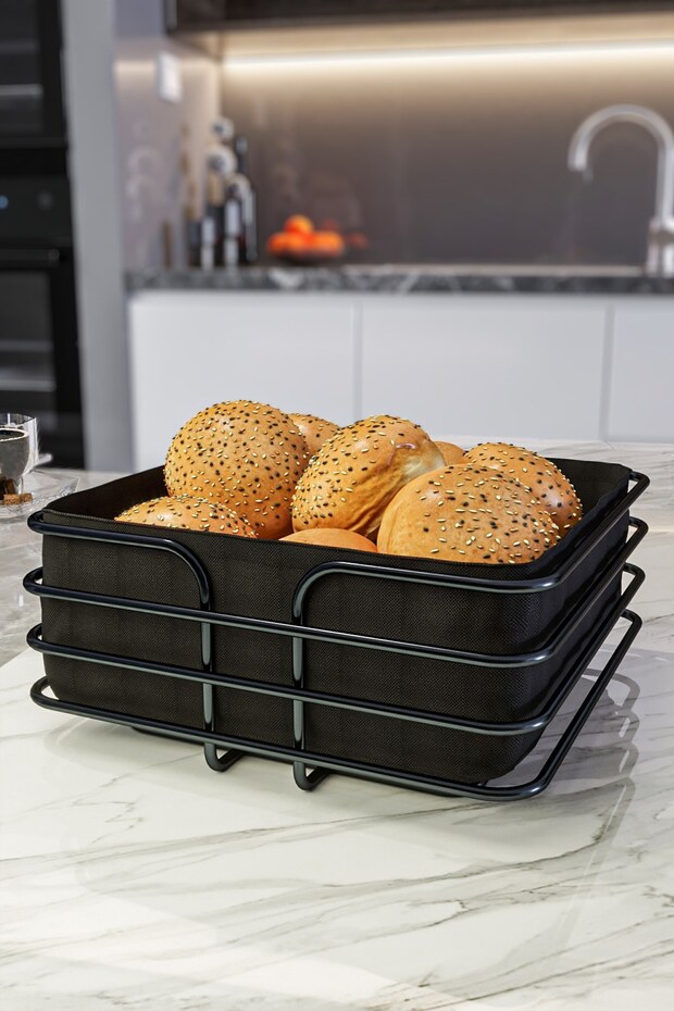 Bread Basket Multi-Purpose Metal Box Black Matte Finish Luxury Stainless Basket Black Fabric