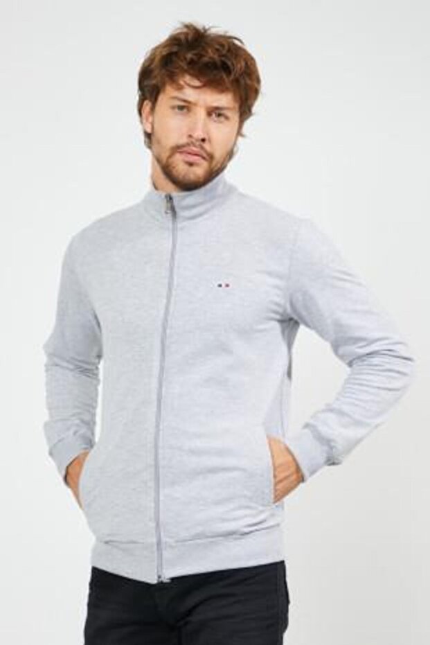 Men's Gray Regular Fit Zippered Embroidery Detailed Pocket Cardigan