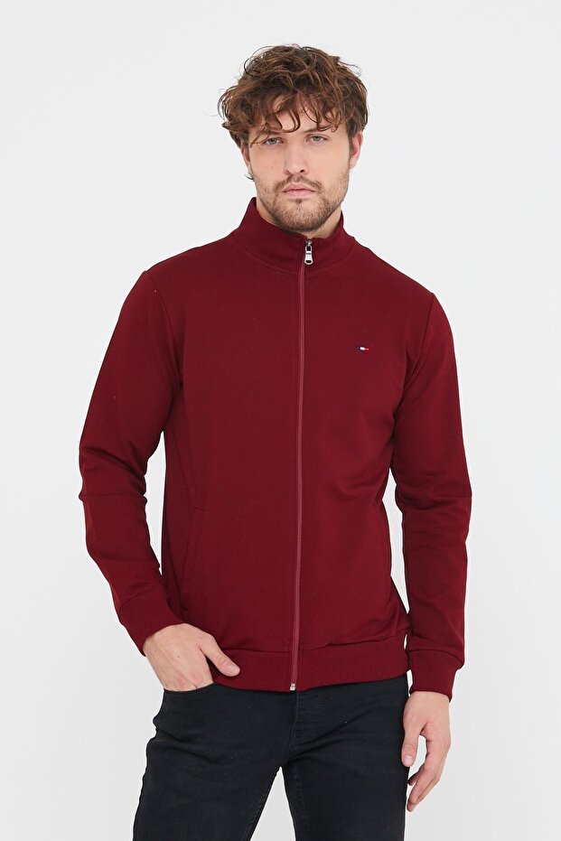 Men's Claret Red Regular Fit Zippered Embroidery Detailed Cardigan with Pockets