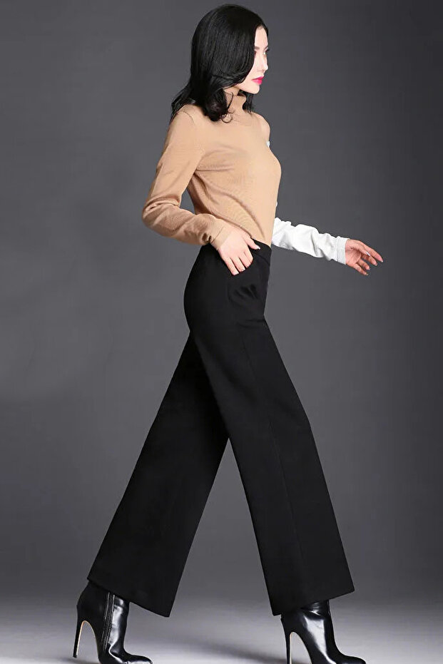 Kadın Siyah Kışlık Geniş Paça Vintage Palazzo Pantolon - 2