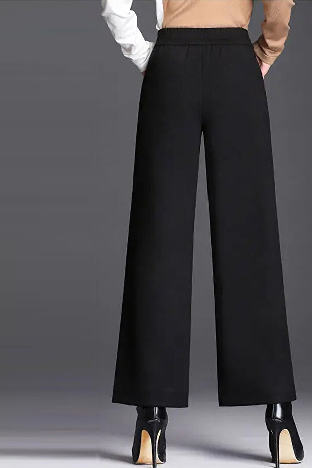 Kadın Siyah Kışlık Geniş Paça Vintage Palazzo Pantolon - 5