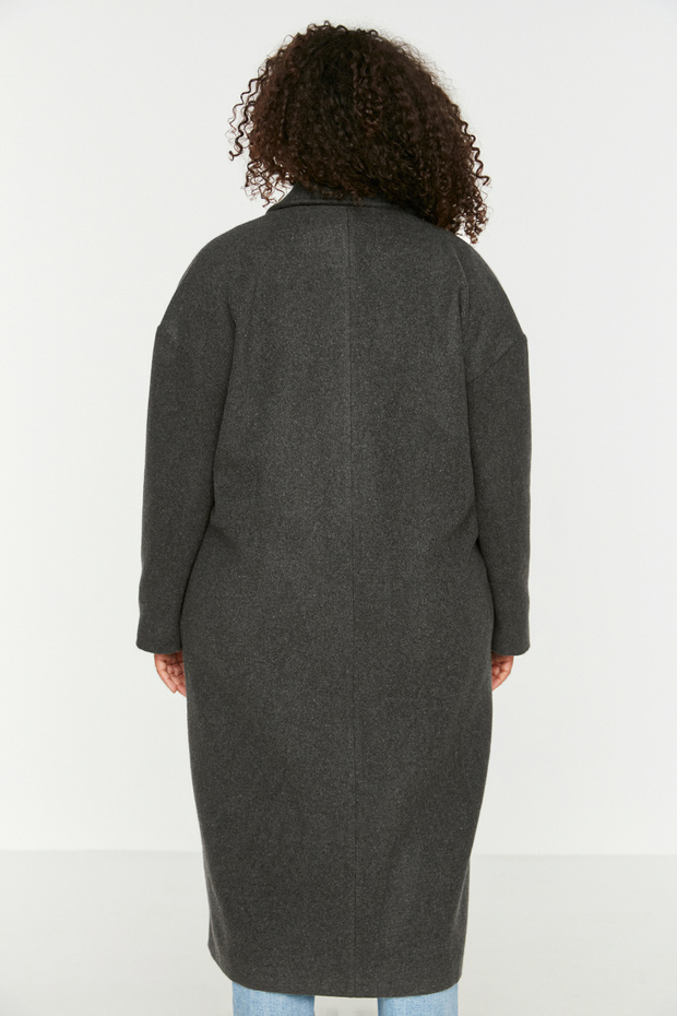 Antrasit Oversize Fit Kruvaze Kapama Yün Karışımlı Kaşe Kaban TBBAW23KB00002 - 5