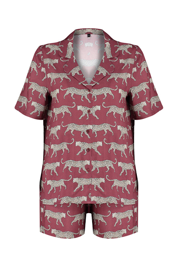 Bordo Desenli Viskon Şortlu Dokuma Pijama Takımı THMSS21PT0473 - 6