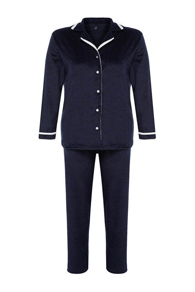 Lacivert Gömlek Yaka Biyeli Polar Örme Pijama Takımı TBBAW24AI00041 - 6