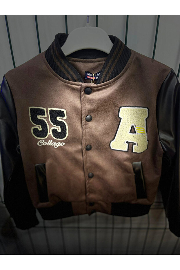 Boys' Leather Detailed College Jacket with Sleeves - 4