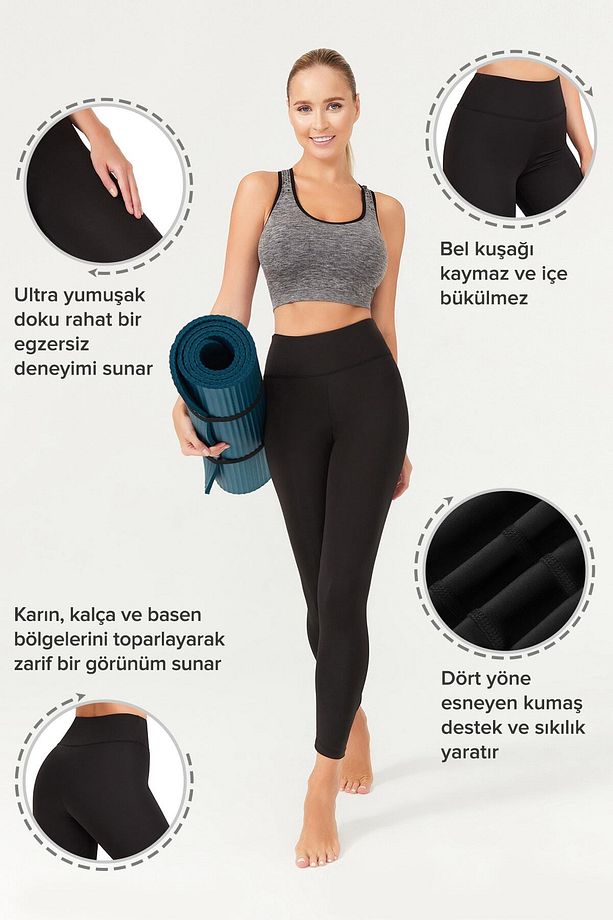 Siyah Yüksek Bel Spor Tayt Basics - 3