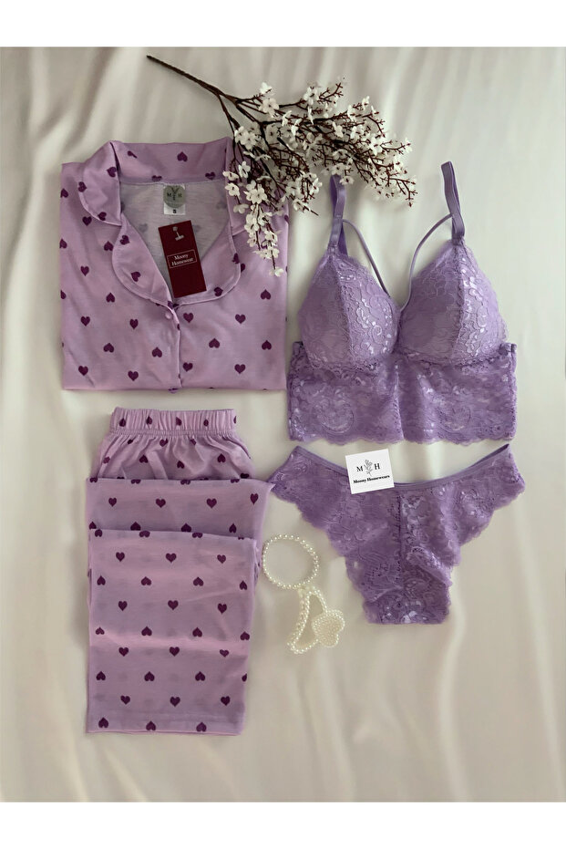4-Piece Lilac Heart Long Sleeve Pajama Underwear Set