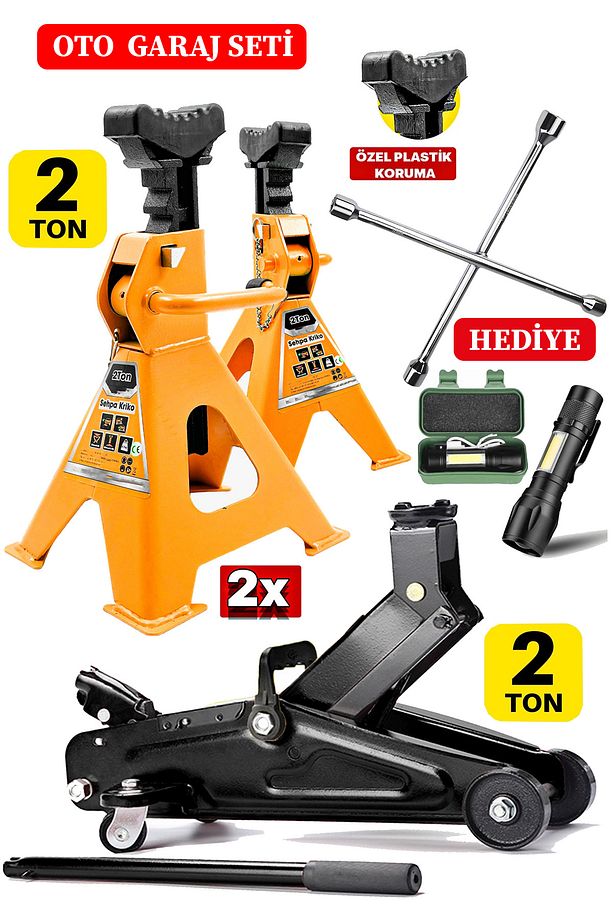 2000Kg Kapasiteli x2Ad Set Kriko Sehpası + Bijon Seti + 2ton Tekerlekli Kriko El Feneri Hediyeli - 3