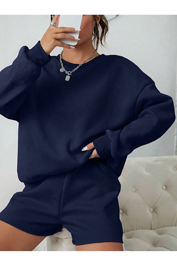 Navy Blue Crew Neck Basic Oversize Sweatshirt - 4