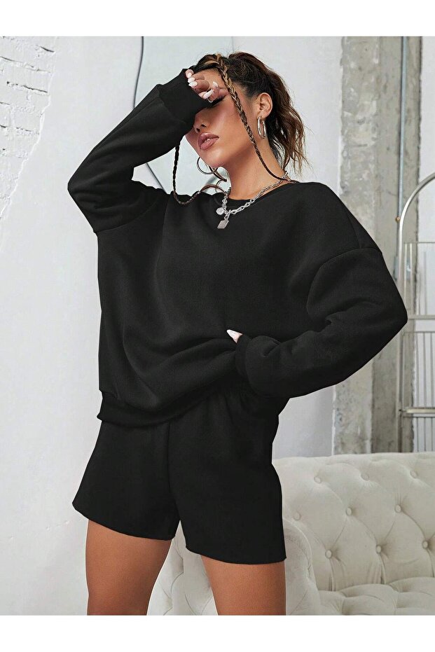 Black Crew Neck Basic Oversize Sweatshirt - 1