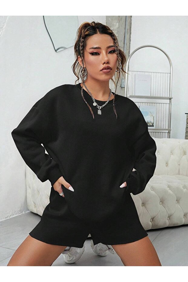 Black Crew Neck Basic Oversize Sweatshirt - 4