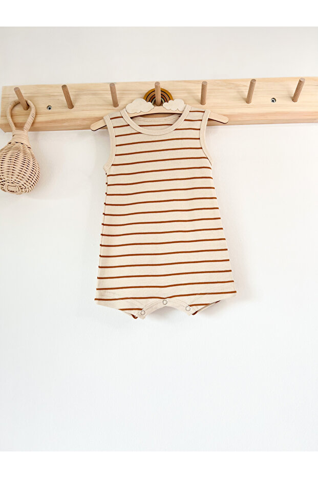 Beige Tile Striped Strap Romper Organic Modal Jumpsuit 50% Modal 50% Cotton
