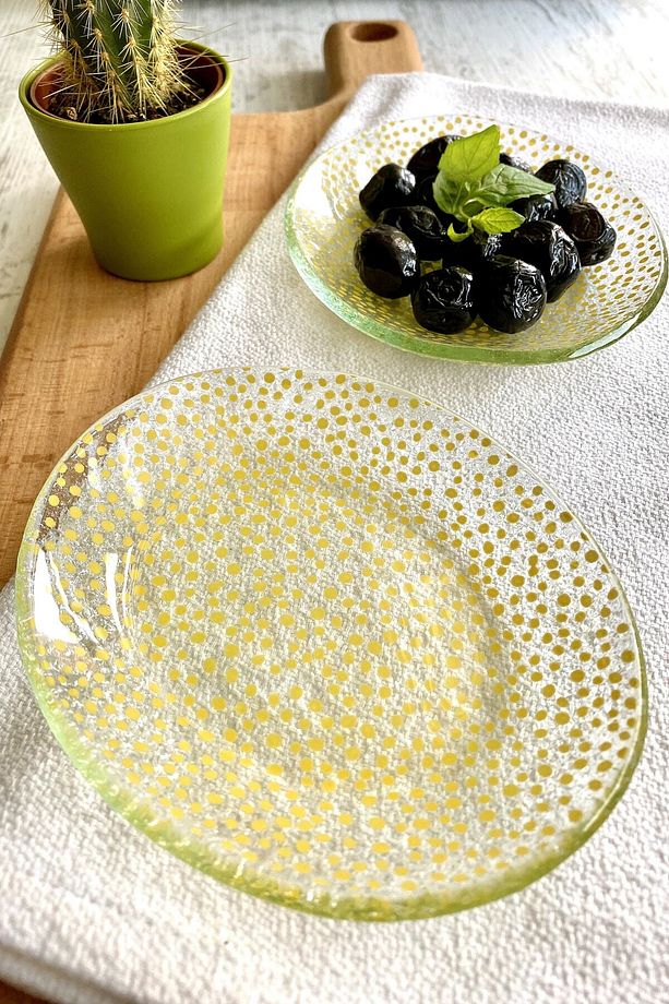 Yellow Dots Sarı Noktalı 2'li Oval Küçük Cam Tabak Seti - 11x13 Cm - 2