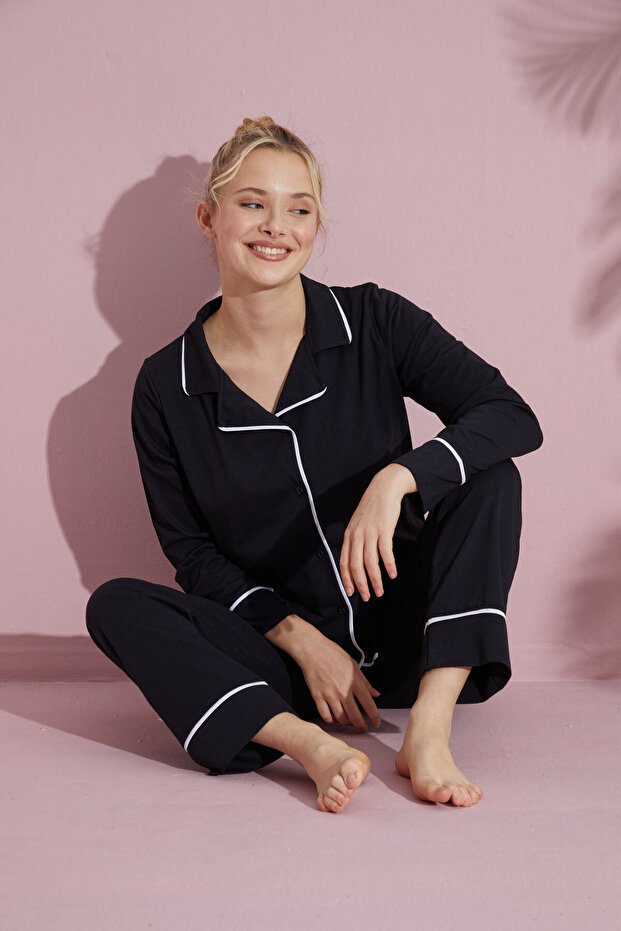 Women's Black Long Sleeve Cotton Front Buttoned Piping Pajama Set
