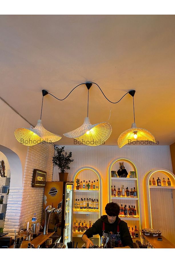 (1 ADET) 60 Cm Rattan Bambu Hasır Avize, Şapka Model Avize, Cafe Aydınlatma, Pinterest Avize - 1