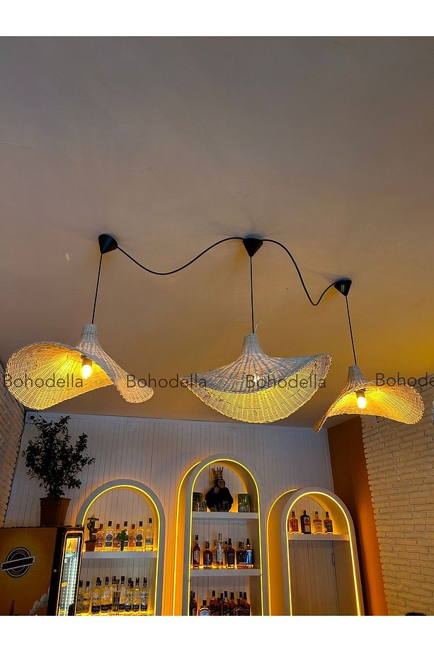 (1 ADET) 60 Cm Rattan Bambu Hasır Avize, Şapka Model Avize, Cafe Aydınlatma, Pinterest Avize - 2