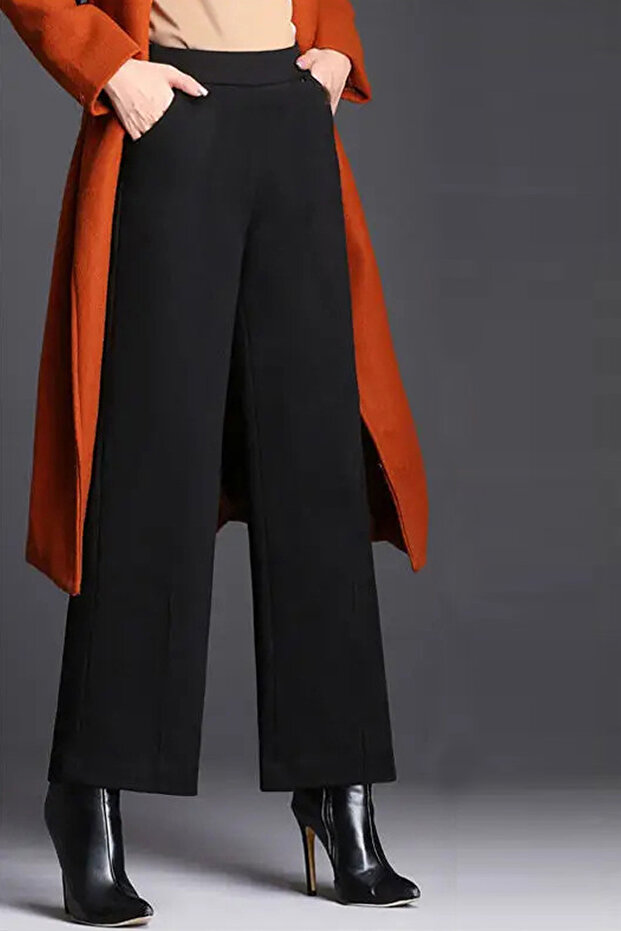 Kadın Siyah Kışlık Geniş Paça Vintage Palazzo Pantolon - 4