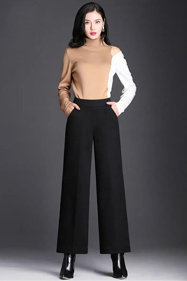 Kadın Siyah Kışlık Geniş Paça Vintage Palazzo Pantolon - 1