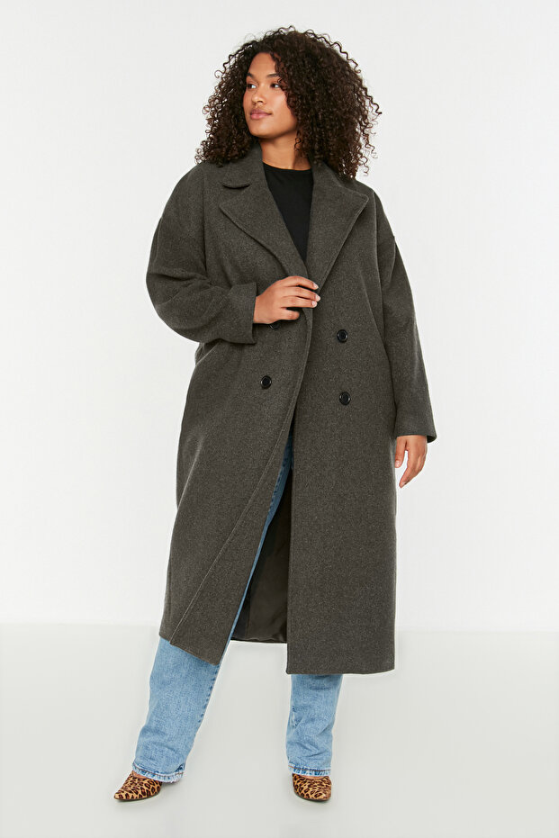 Antrasit Oversize Fit Kruvaze Kapama Yün Karışımlı Kaşe Kaban TBBAW23KB00002 - 1