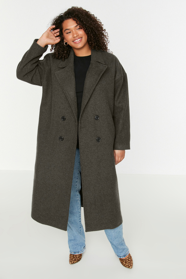 Antrasit Oversize Fit Kruvaze Kapama Yün Karışımlı Kaşe Kaban TBBAW23KB00002 - 2