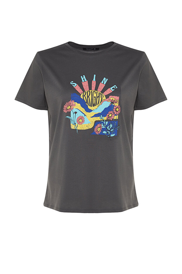 Nyakú nyomott 100% pamut antracit Boyfriend Fit nagy méretű póló - TBBSS22TS1944 - 6