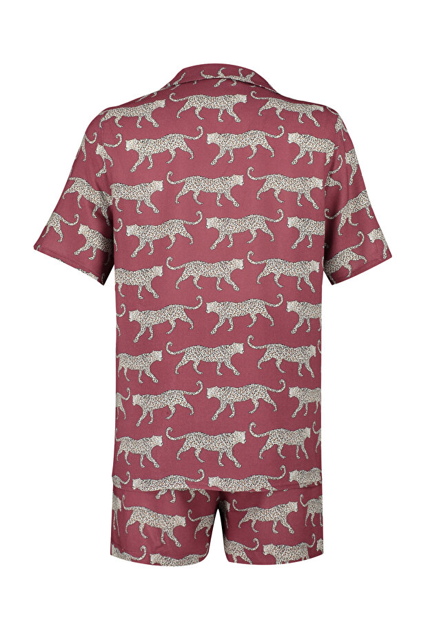 Bordo Desenli Viskon Şortlu Dokuma Pijama Takımı THMSS21PT0473 - 7