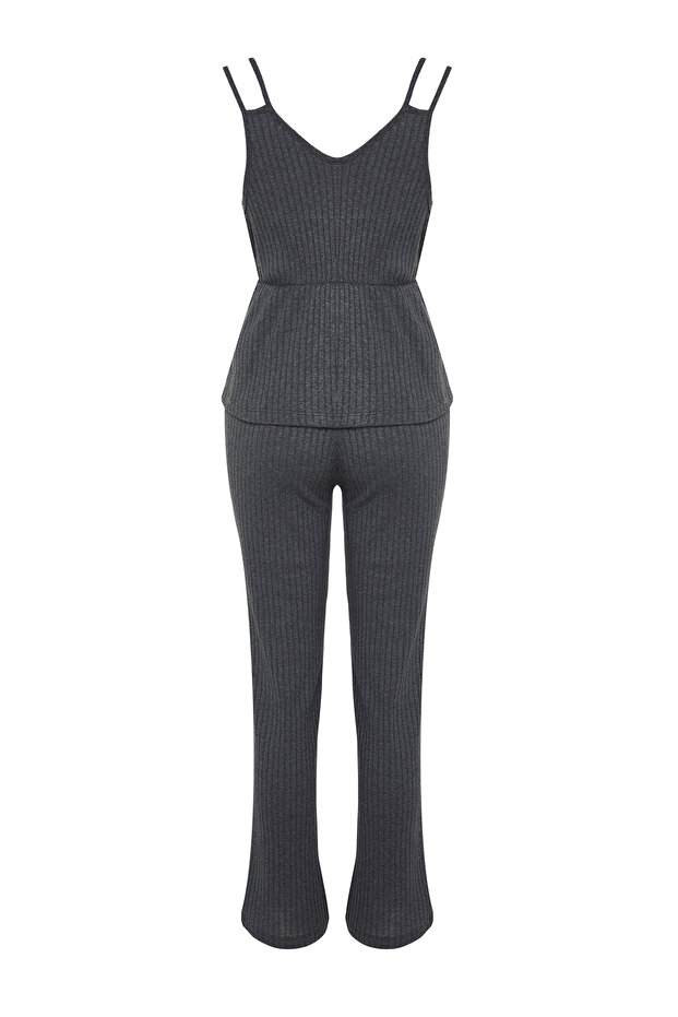 Komplet piżamowy z dzianiny sznurkowej w kolorze antracytowym - pasek na linę, THMSS21PT0125 - 8