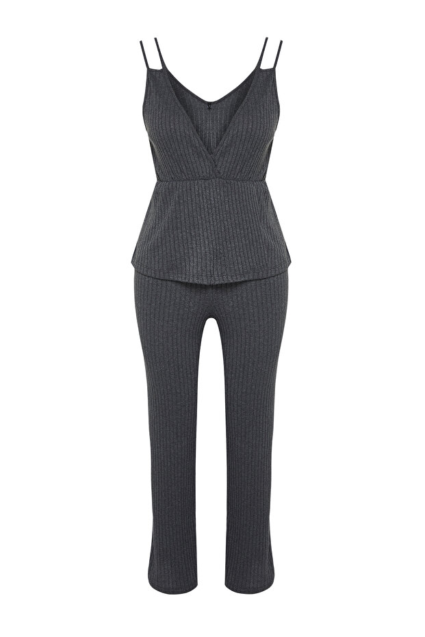 Komplet piżamowy z dzianiny sznurkowej w kolorze antracytowym - pasek na linę, THMSS21PT0125 - 7