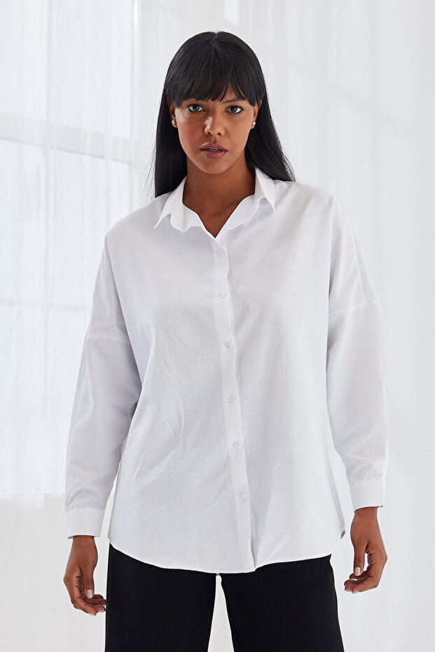 Kadın Oversize Uzun Basic Gömlek Beyaz - 1